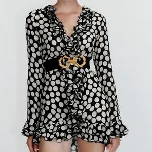 Zara Black and White Polka Dot Ruffle Blouse